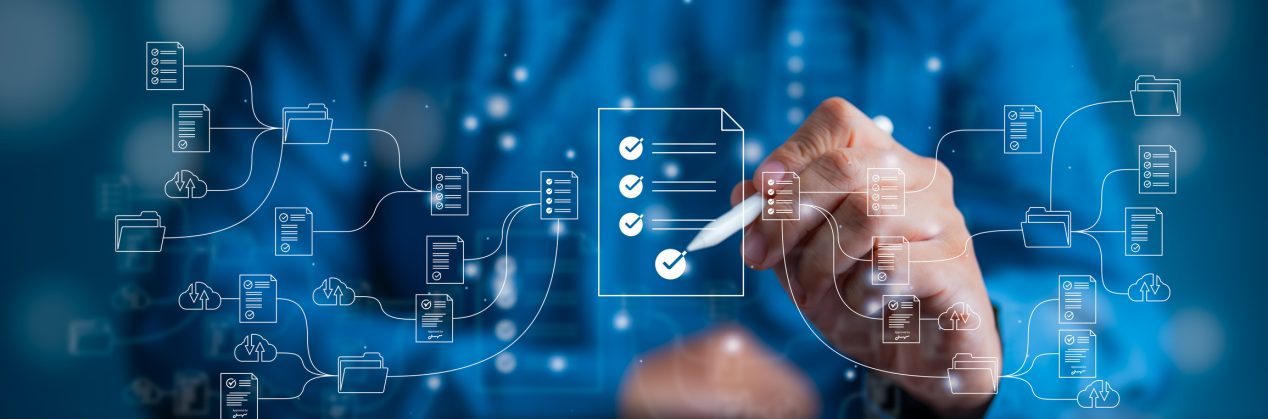 Document Management System - DMS with arrange folder and files icons. Man setup storage backup online application on computer laptop. Software for archiving, searching, managing files and information.